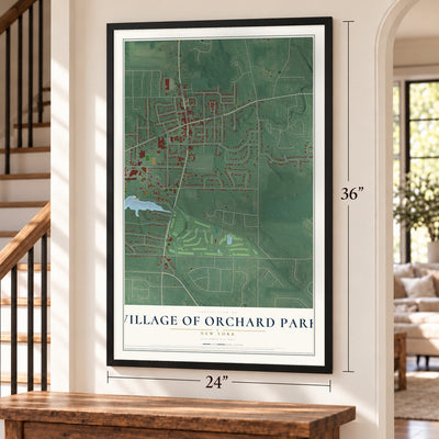 Village of Orchard Park, New York map, 24 x 36 inch print in a black frame by a staircase