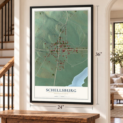 Schellsburg, Pennsylvania map, 24 x 36 inch print in a black frame by a staircase
