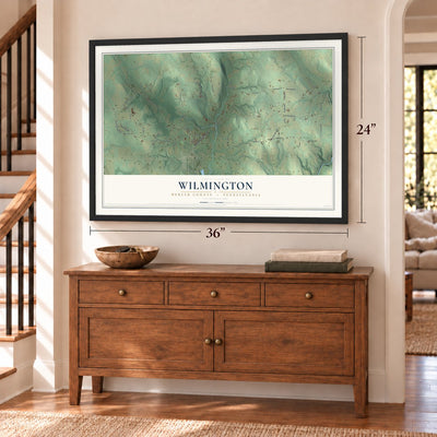 Wilmington, Mercer County, Pennsylvania map, 24 x 36 inch print in a black frame above a dresser by a staircase