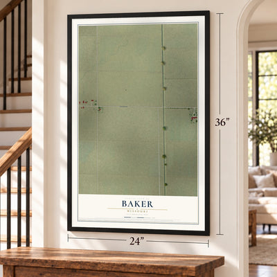 Baker, Missouri map, 24 x 36 inch print in a black frame by a staircase