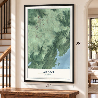 Grant, Alabama map, 24 x 36 inch print in a black frame by a staircase