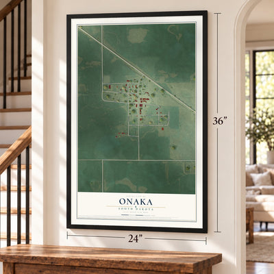 Onaka, South Dakota map, 24 x 36 inch print in a black frame by a staircase