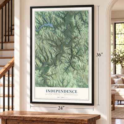 Independence, Beaver County, Pennsylvania map, 24 x 36 inch print in a black frame by a staircase