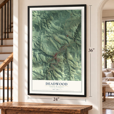 Deadwood, South Dakota map, 24 x 36 inch print in a black frame by a staircase
