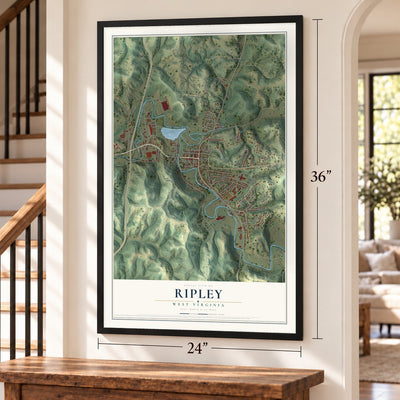 Ripley, West Virginia map, 24 x 36 inch print in a black frame by a staircase