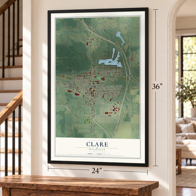 Clare, Michigan map, 24 x 36 inch print in a black frame by a staircase