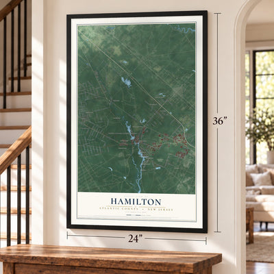 Hamilton, Atlantic County, New Jersey map, 24 x 36 inch print in a black frame by a staircase