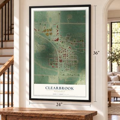 Clearbrook, Minnesota map, 24 x 36 inch print in a black frame by a staircase