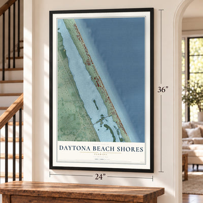 Daytona Beach Shores, Florida map, 24 x 36 inch print in a black frame by a staircase