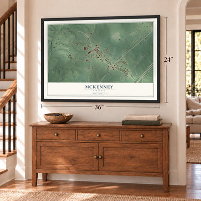 McKenney, Virginia map, 24 x 36 inch print in a black frame above a dresser by a staircase