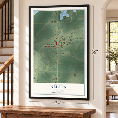Nelson, Illinois map, 24 x 36 inch print in a black frame by a staircase