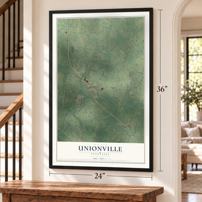 Unionville, Tennessee map, 24 x 36 inch print in a black frame by a staircase