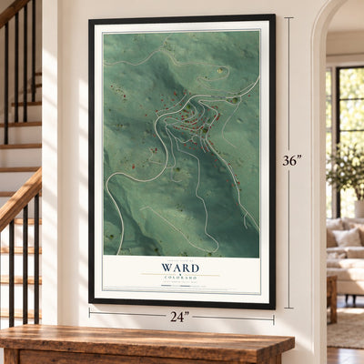 Ward, Colorado map, 24 x 36 inch print in a black frame by a staircase