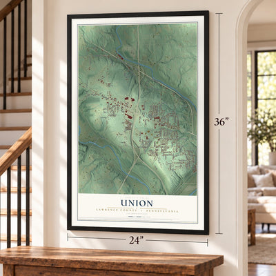 Union, Lawrence County, Pennsylvania map, 24 x 36 inch print in a black frame by a staircase