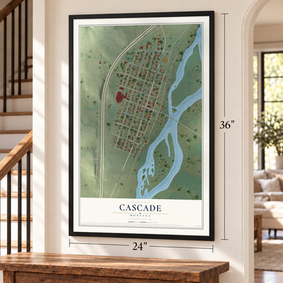 Cascade, Montana map, 24 x 36 inch print in a black frame by a staircase