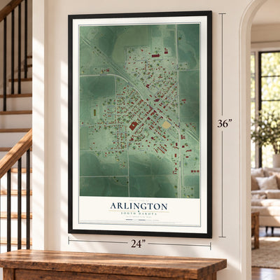 Arlington, South Dakota map, 24 x 36 inch print in a black frame by a staircase