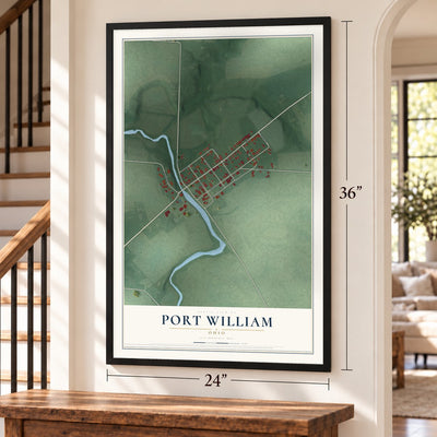 Port William, Ohio map, 24 x 36 inch print in a black frame by a staircase