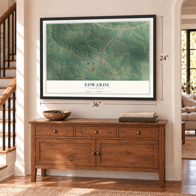 Edwards, Mississippi map, 24 x 36 inch print in a black frame above a dresser by a staircase