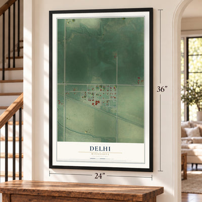 Delhi, Minnesota map, 24 x 36 inch print in a black frame by a staircase