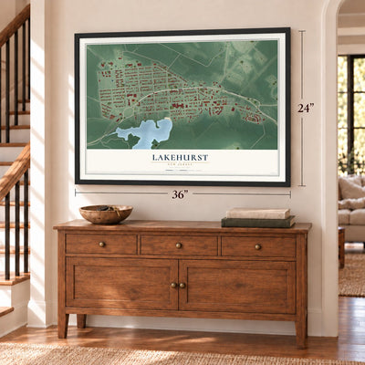 Lakehurst, New Jersey map, 24 x 36 inch print in a black frame above a dresser by a staircase
