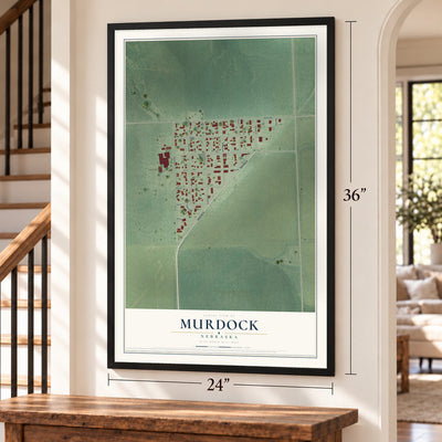 Murdock, Nebraska map, 24 x 36 inch print in a black frame by a staircase