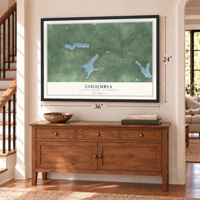 Columbia, Jackson County, Michigan map, 24 x 36 inch print in a black frame above a dresser by a staircase