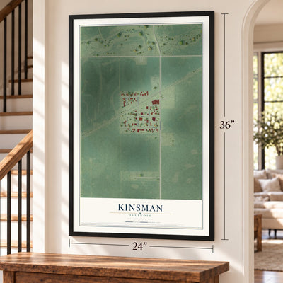 Kinsman, Illinois map, 24 x 36 inch print in a black frame by a staircase