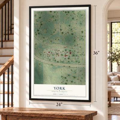 York, North Dakota map, 24 x 36 inch print in a black frame by a staircase