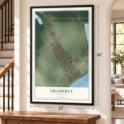 Gramercy, Louisiana map, 24 x 36 inch print in a black frame by a staircase