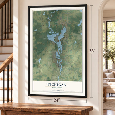 Tichigan, Wisconsin map, 24 x 36 inch print in a black frame by a staircase