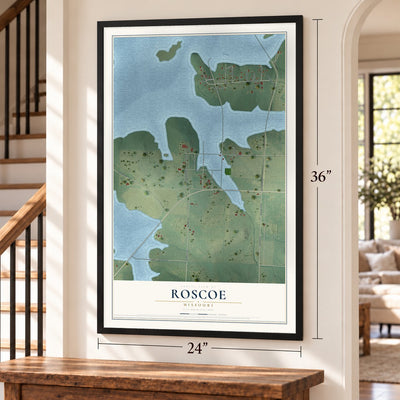 Roscoe, Missouri map, 24 x 36 inch print in a black frame by a staircase