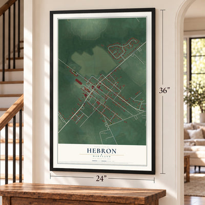 Hebron, Maryland map, 24 x 36 inch print in a black frame by a staircase