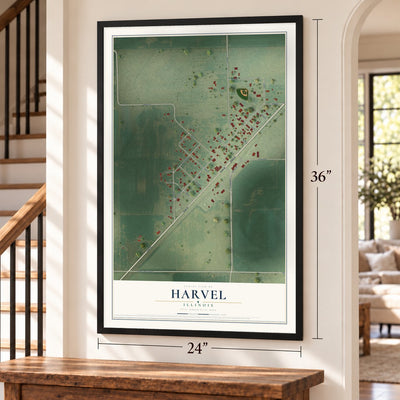 Harvel, Illinois map, 24 x 36 inch print in a black frame by a staircase