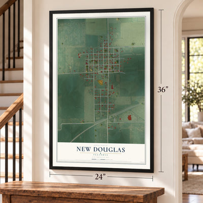 New Douglas, Illinois map, 24 x 36 inch print in a black frame by a staircase
