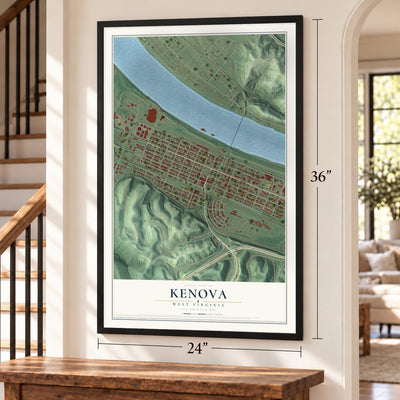 Kenova, West Virginia map, 24 x 36 inch print in a black frame by a staircase