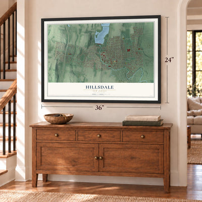 Hillsdale, New Jersey map, 24 x 36 inch print in a black frame above a dresser by a staircase