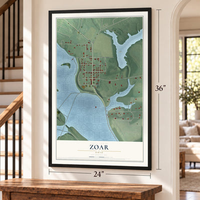 Zoar, Ohio map, 24 x 36 inch print in a black frame by a staircase