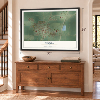 Neoga, Illinois map, 24 x 36 inch print in a black frame above a dresser by a staircase