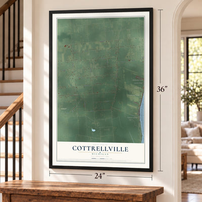 Cottrellville, Michigan map, 24 x 36 inch print in a black frame by a staircase