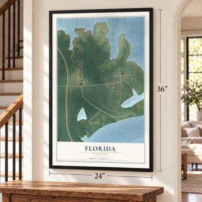 Florida, Missouri map, 24 x 36 inch print in a black frame by a staircase