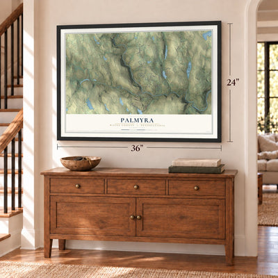Palmyra, Wayne County, Pennsylvania map, 24 x 36 inch print in a black frame above a dresser by a staircase