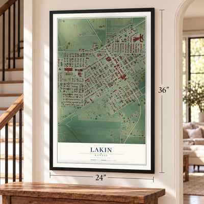 Lakin, Kansas map, 24 x 36 inch print in a black frame by a staircase
