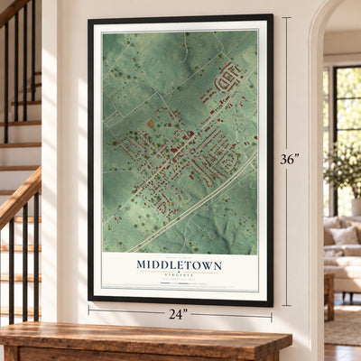 Middletown, Virginia map, 24 x 36 inch print in a black frame by a staircase