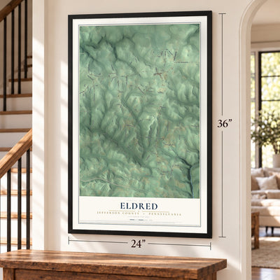 Eldred, Jefferson County, Pennsylvania map, 24 x 36 inch print in a black frame by a staircase