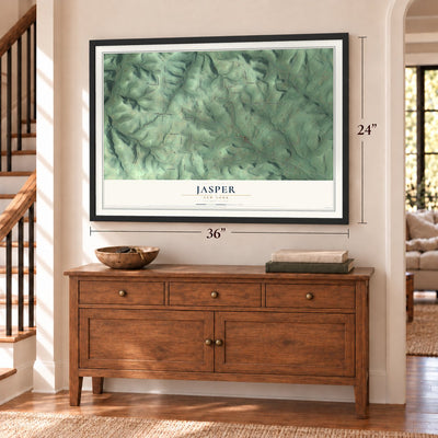 Jasper, New York map, 24 x 36 inch print in a black frame above a dresser by a staircase