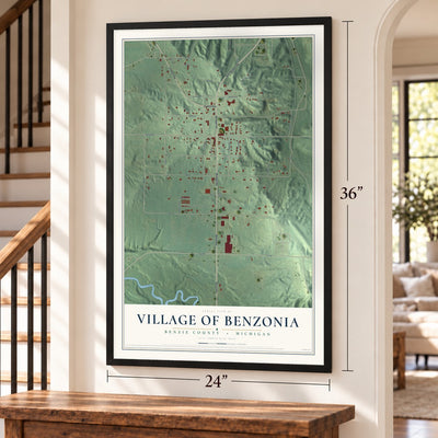Benzonia, Michigan map, 24 x 36 inch print in a black frame by a staircase