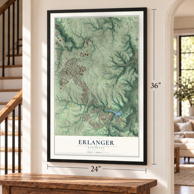 Erlanger, Kentucky map, 24 x 36 inch print in a black frame by a staircase