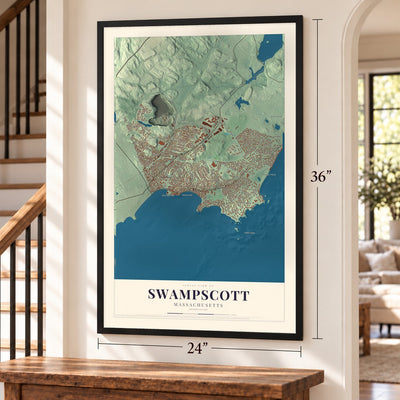 Swampscott, Massachusetts map, 24 x 36 inch print in a black frame by a staircase