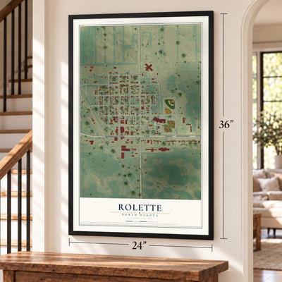 Rolette, North Dakota map, 24 x 36 inch print in a black frame by a staircase