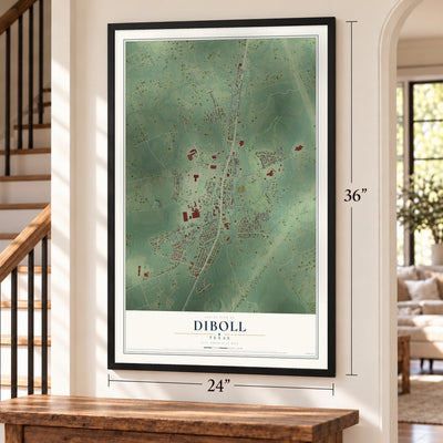 Diboll, Texas map, 24 x 36 inch print in a black frame by a staircase